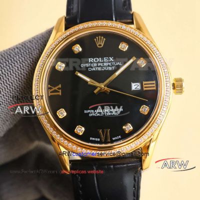 Rolex Datejust Gold Diamond Case Black Face Citizen 8215 Leather Strap Watch Replica 